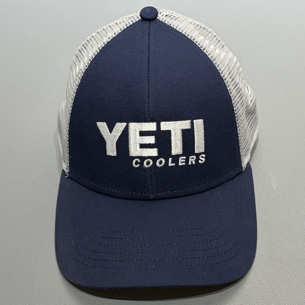YETI Coolers Trucker Hat Navy Blue White Mesh Embroidered Logo SnapBack One Size